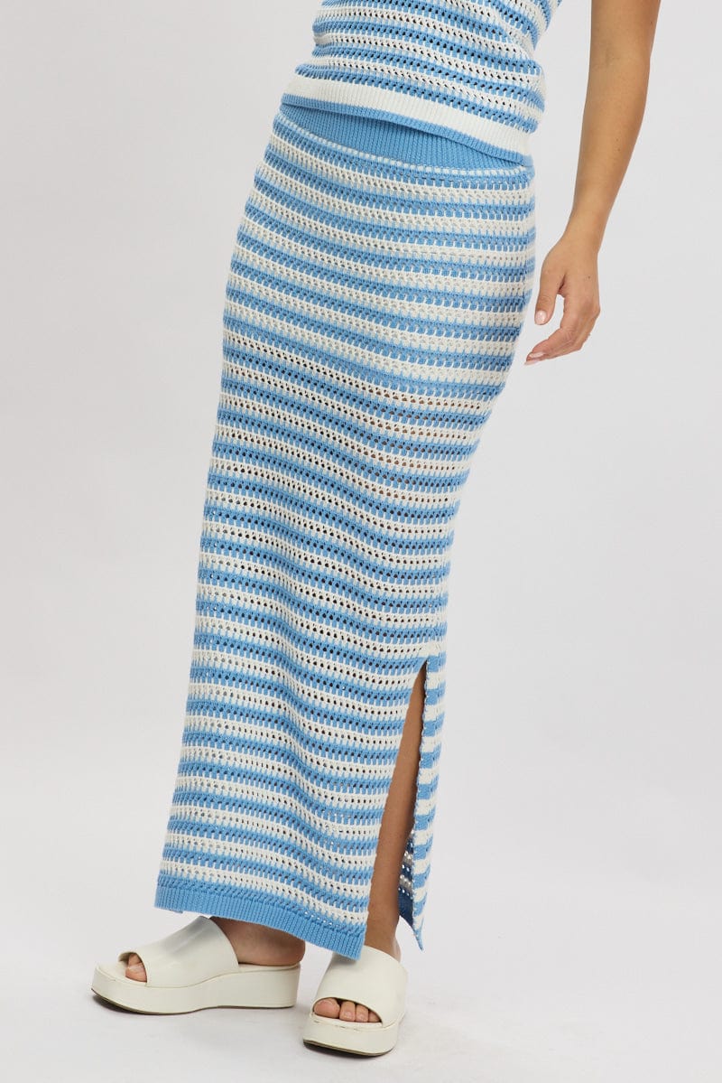 Blue Stripe Crochet Knit Skirt Elastic Waist Midi Lined Ally Fashion