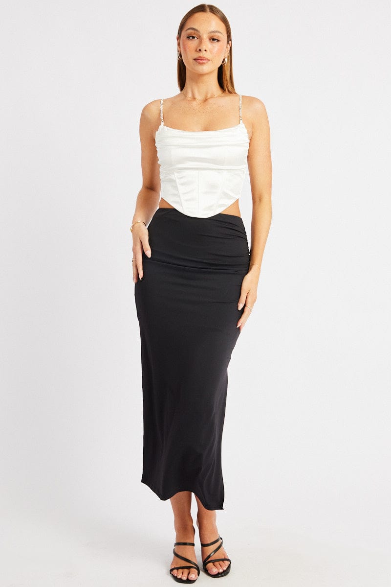 Black Midaxi Skirt High Rise Ruched Lined Supersoft for Ally Fashion