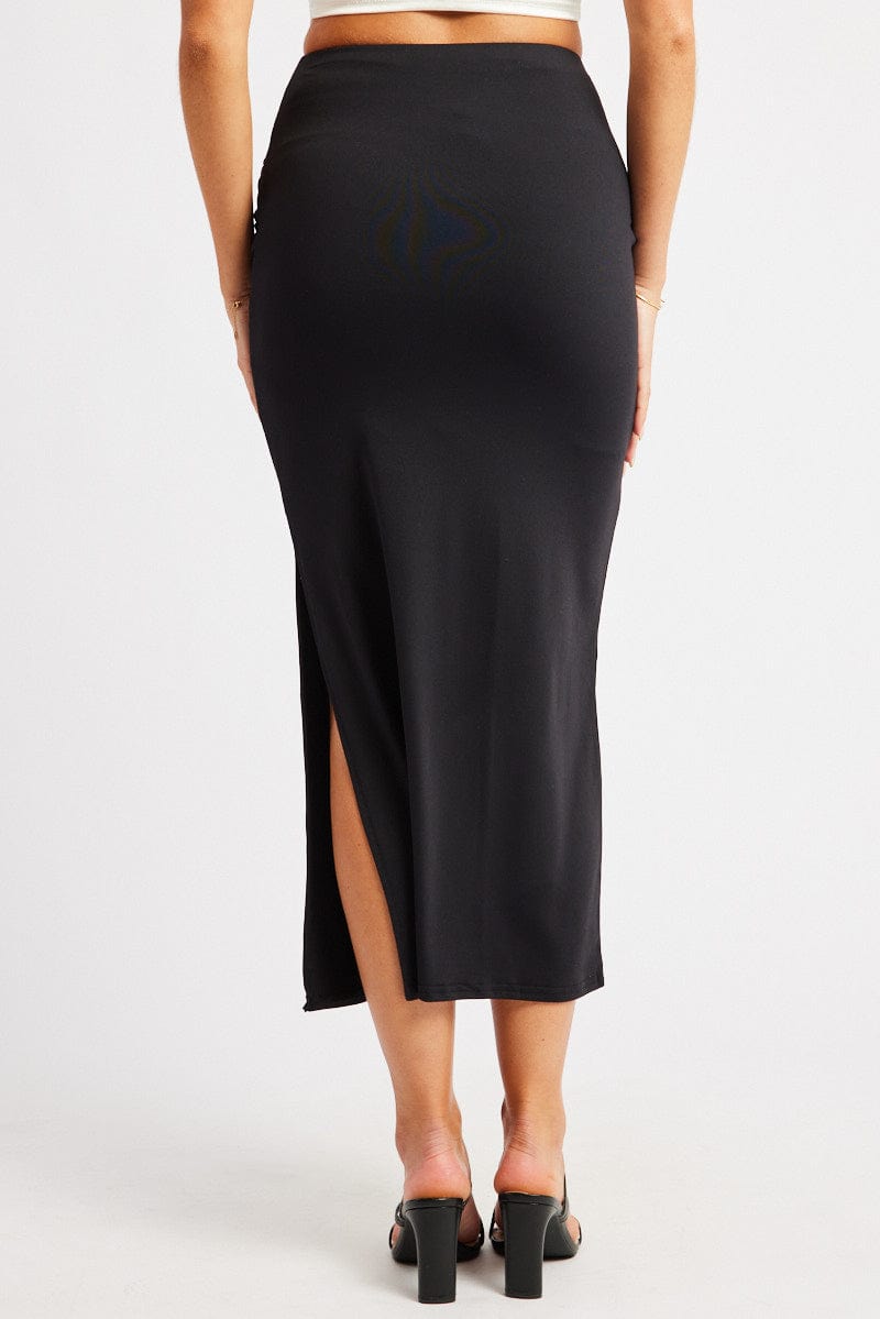 Black Midaxi Skirt High Rise Ruched Lined Supersoft for Ally Fashion