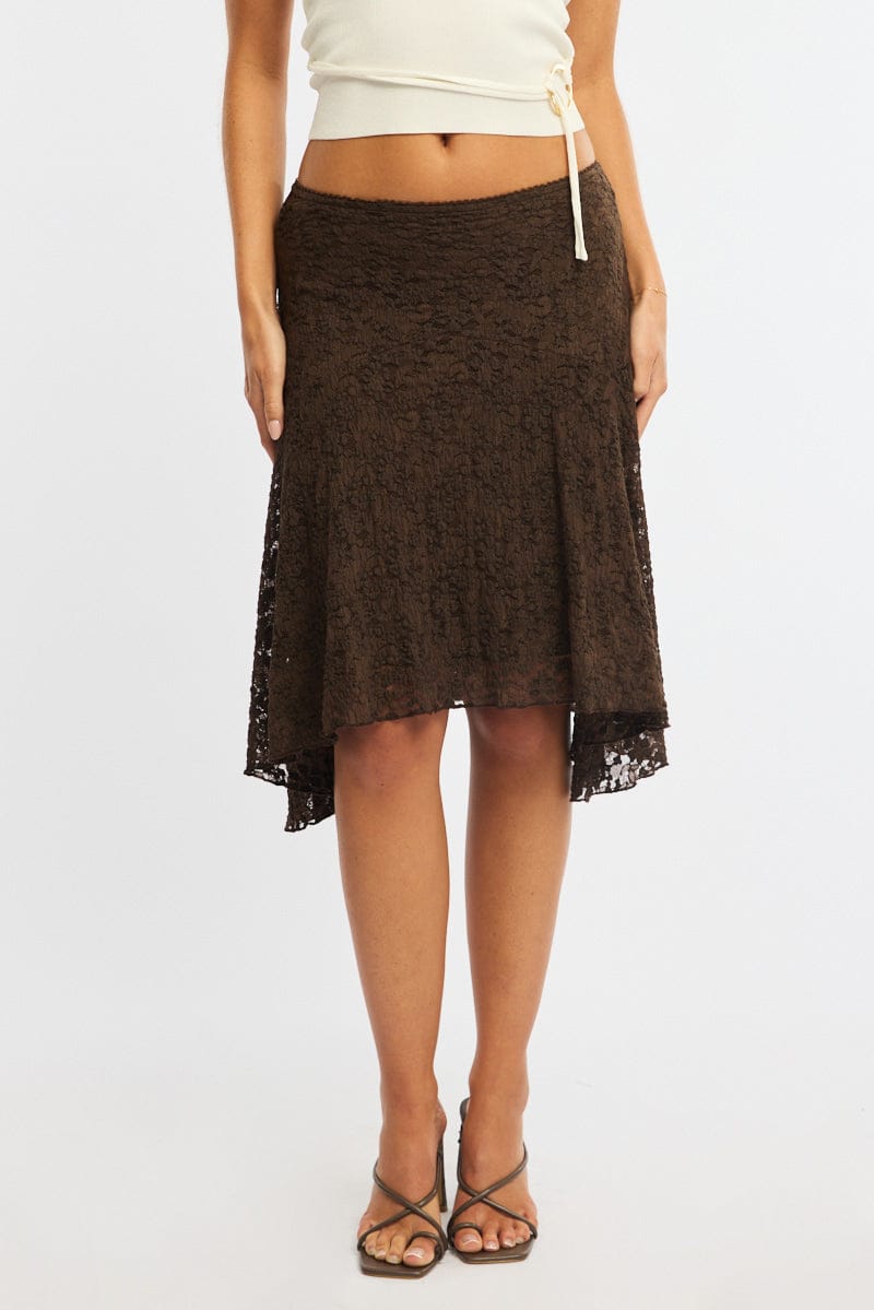 Brown Lace Midi Skirt Mid Rise Textured Lined for Ally Fashion