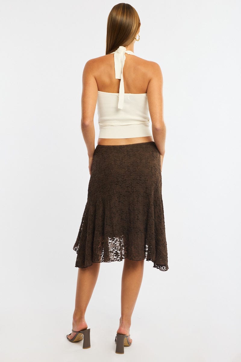 Brown Lace Midi Skirt Mid Rise Textured Lined for Ally Fashion