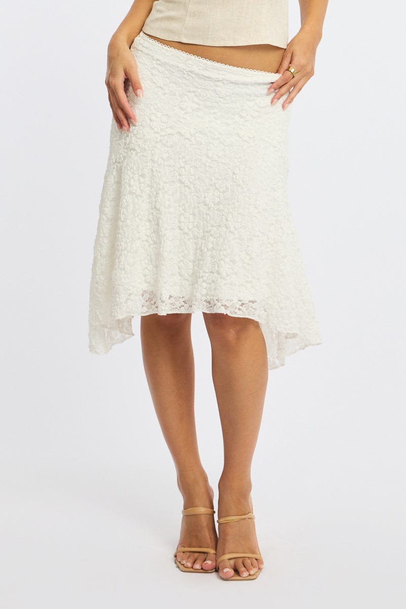White Lace Midi Skirt Mid Rise Textured Lined for Ally Fashion