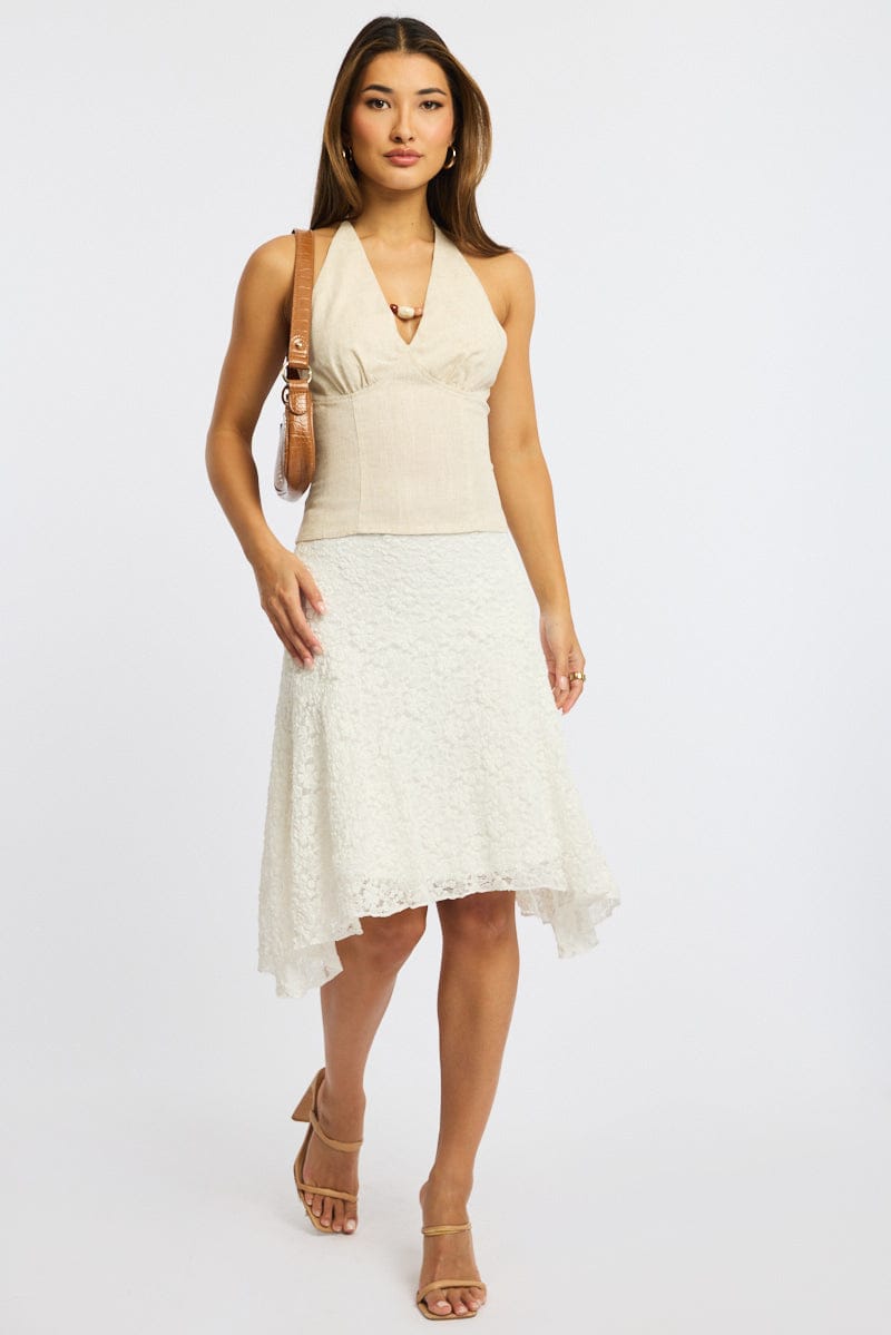 White Lace Midi Skirt Mid Rise Textured Lined for Ally Fashion