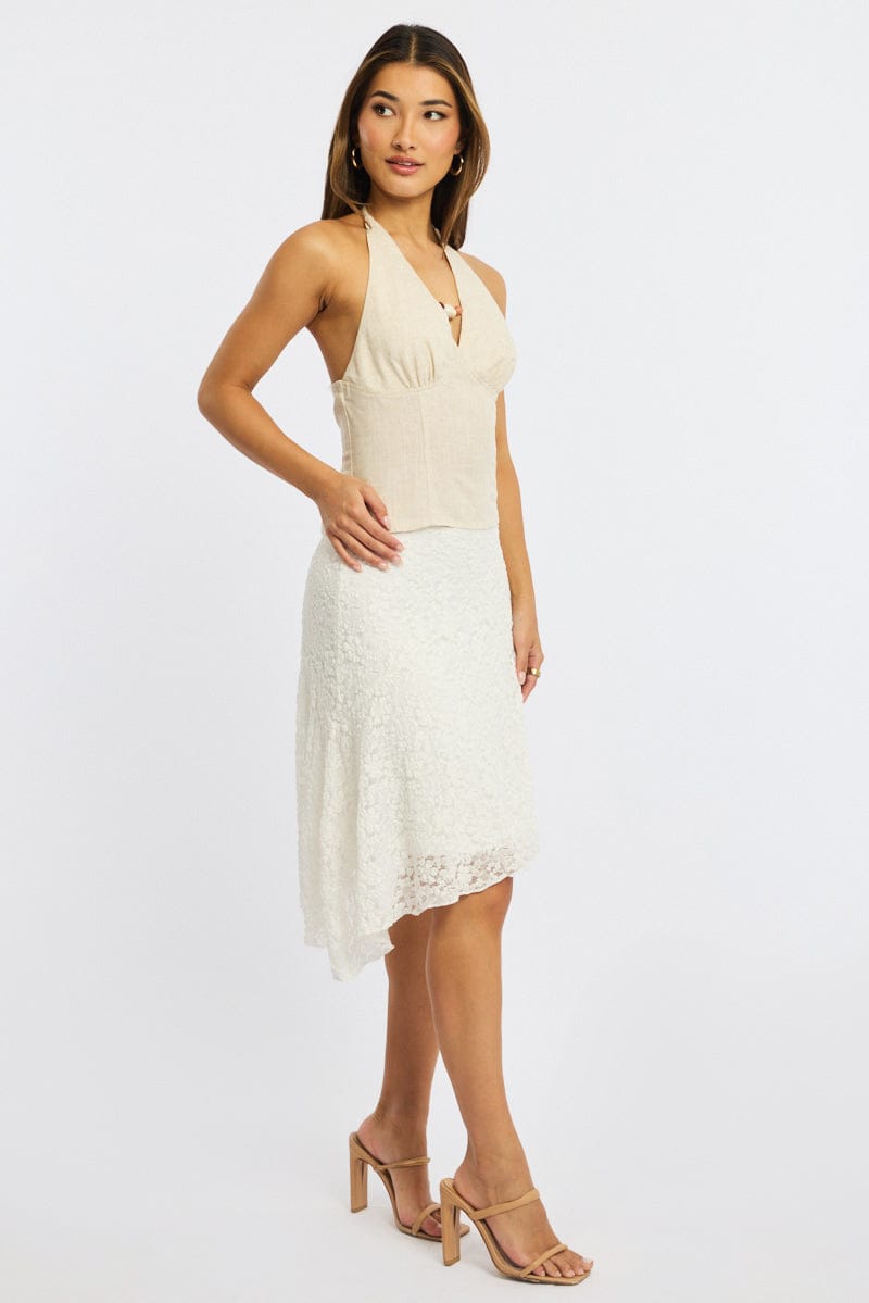 White Lace Midi Skirt Mid Rise Textured Lined for Ally Fashion