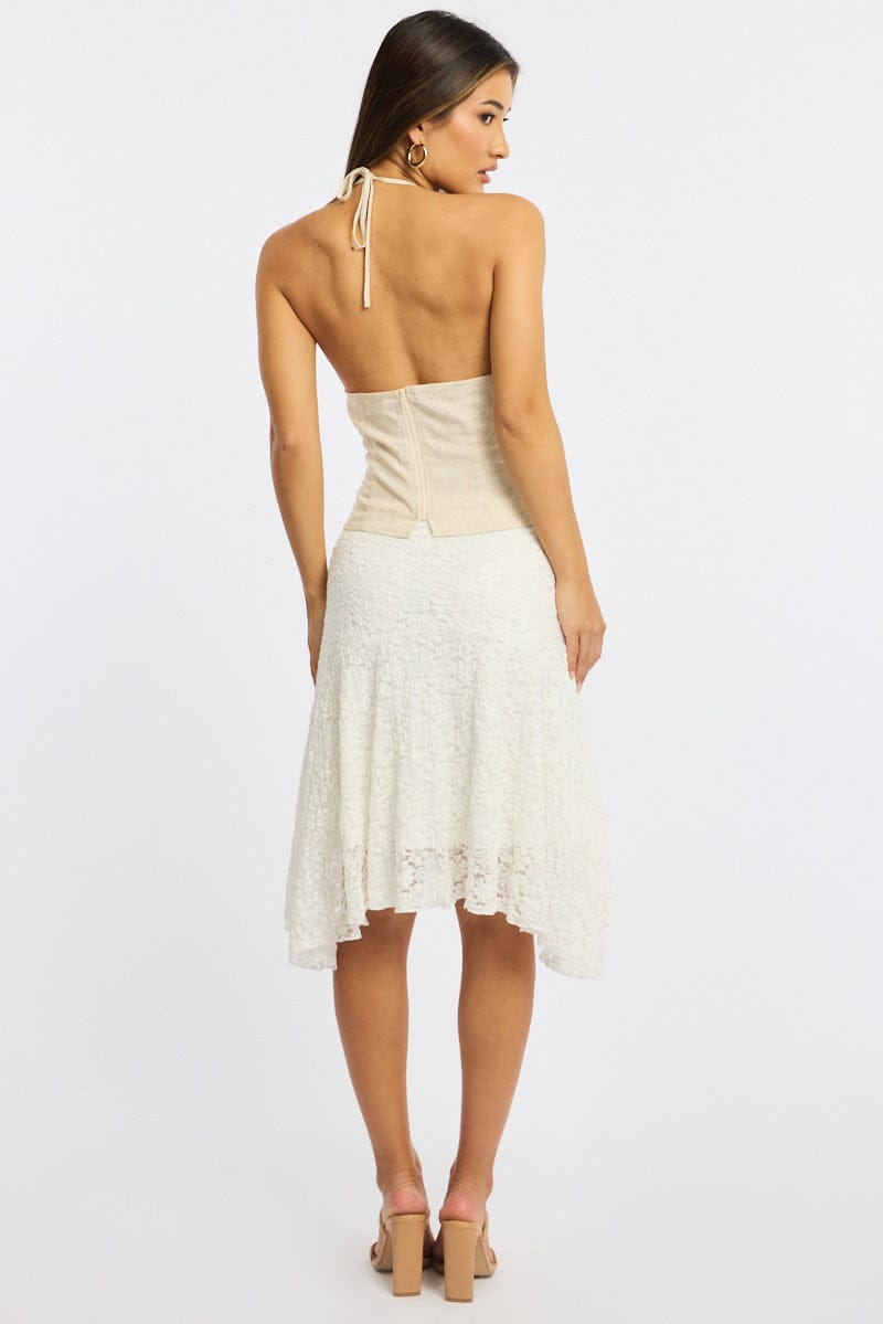 White Lace Midi Skirt Mid Rise Textured Lined for Ally Fashion