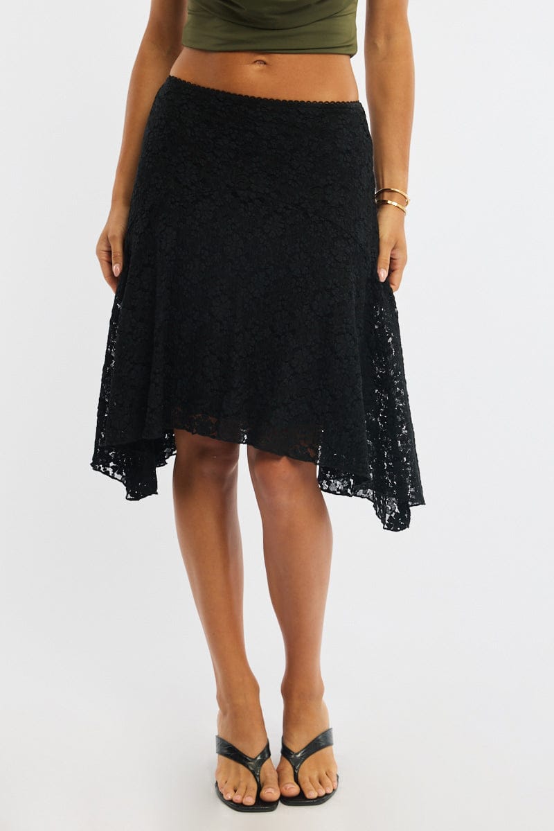 Black Lace Midi Skirt Mid Rise Textured Lined for Ally Fashion