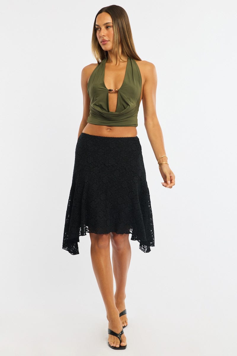Black Lace Midi Skirt Mid Rise Textured Lined for Ally Fashion