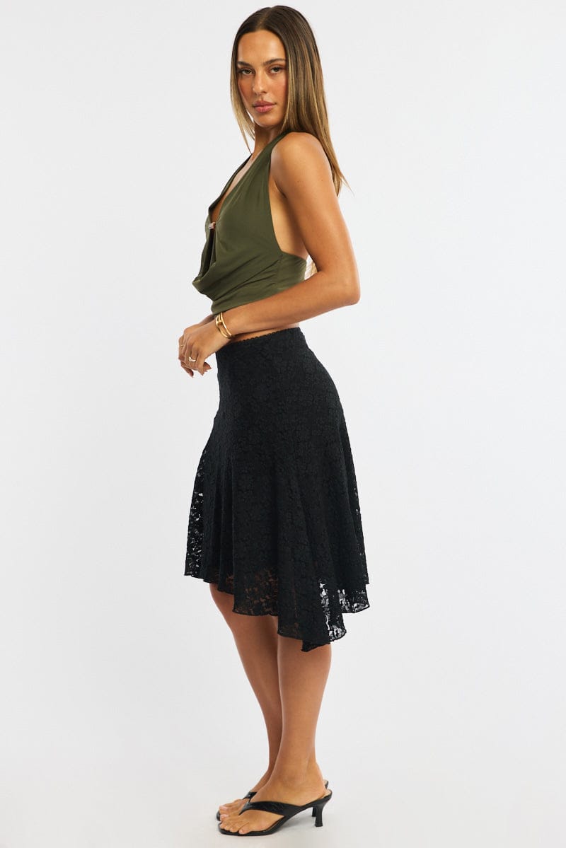 Black Lace Midi Skirt Mid Rise Textured Lined for Ally Fashion
