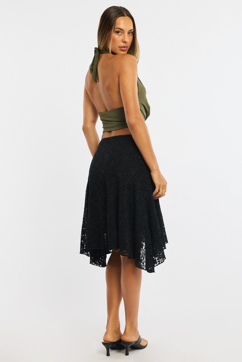 Black Lace Midi Skirt Mid Rise Textured Lined for Ally Fashion