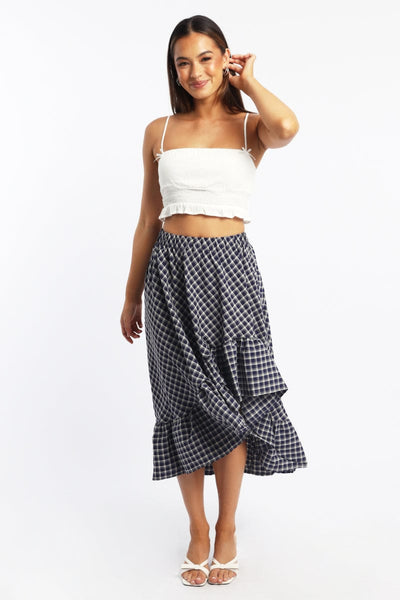 Blue Check Asymmetric Midi Skirt High Rise Elastic Waist | Ally