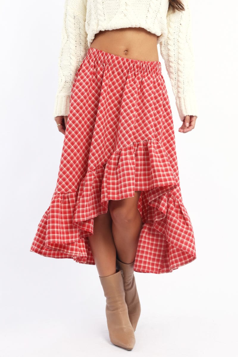 Red Check Asymmetric Midi Skirt Elastic Waist Frill Hem Ally Fashion