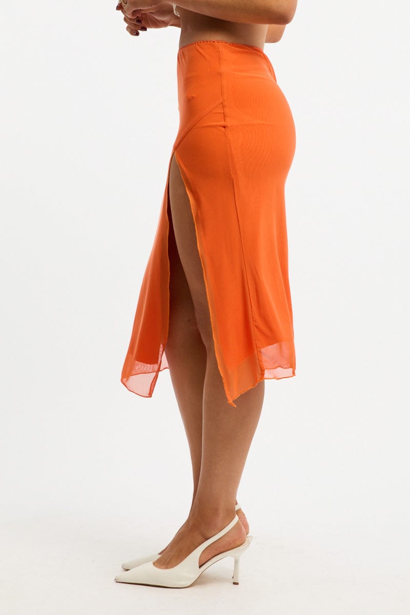 Orange Asymm Midi Skirt Mesh for Ally Fashion