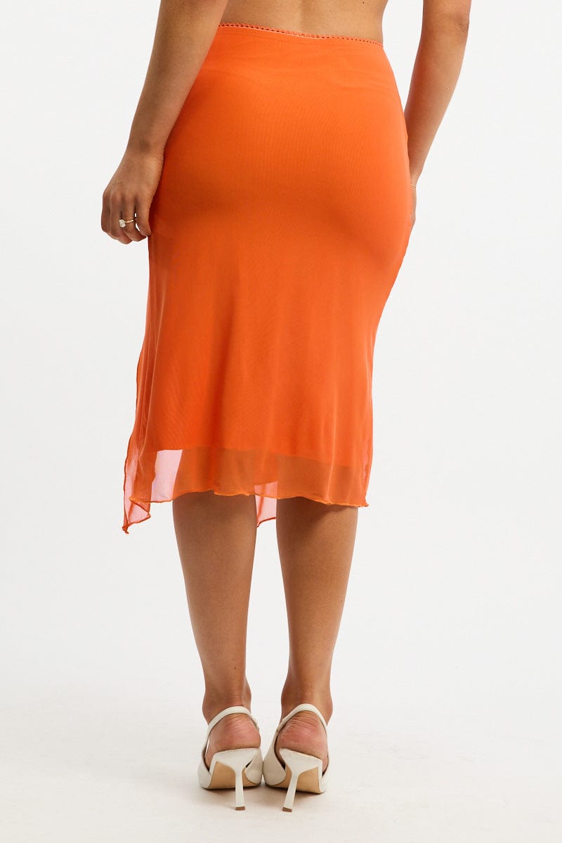 Orange Asymm Midi Skirt Mesh for Ally Fashion