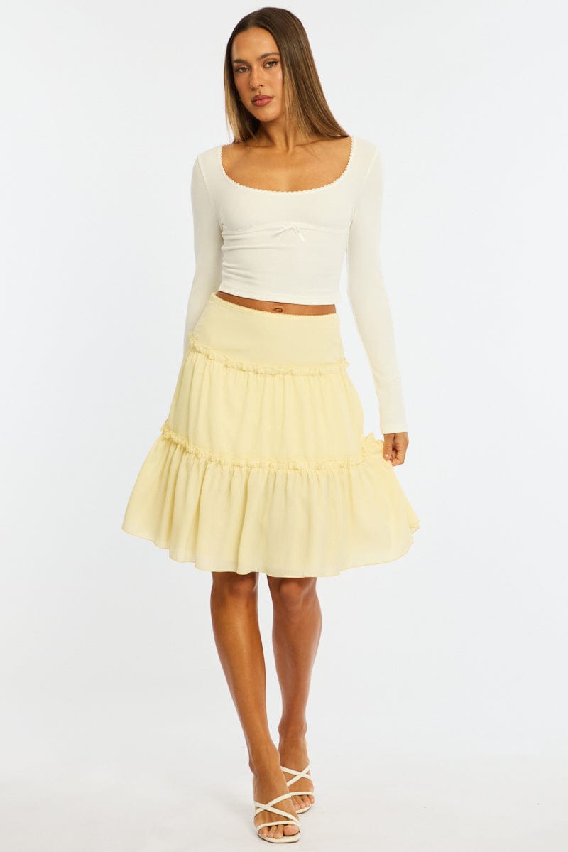Yellow Tiered Midi Skirt Mid Rise Textured for Ally Fashion