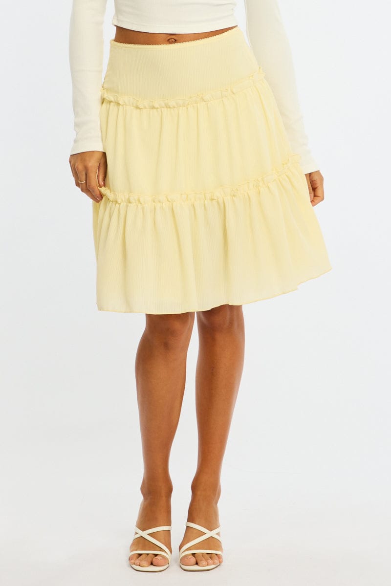 Yellow Tiered Midi Skirt Mid Rise Textured for Ally Fashion