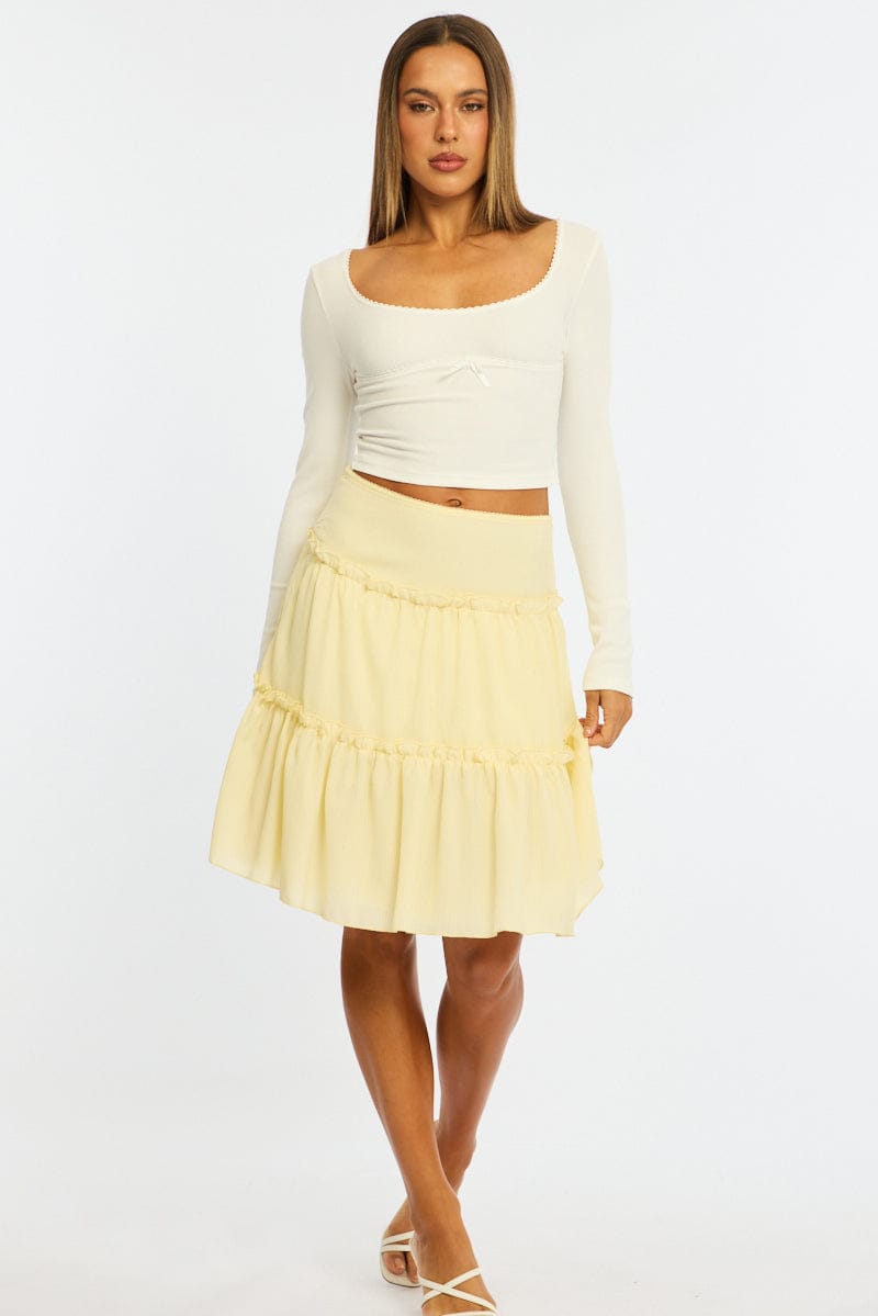Yellow Tiered Midi Skirt Mid Rise Textured for Ally Fashion