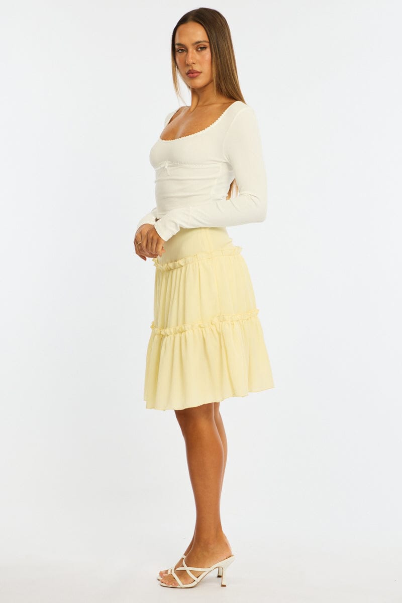Yellow Tiered Midi Skirt Mid Rise Textured for Ally Fashion