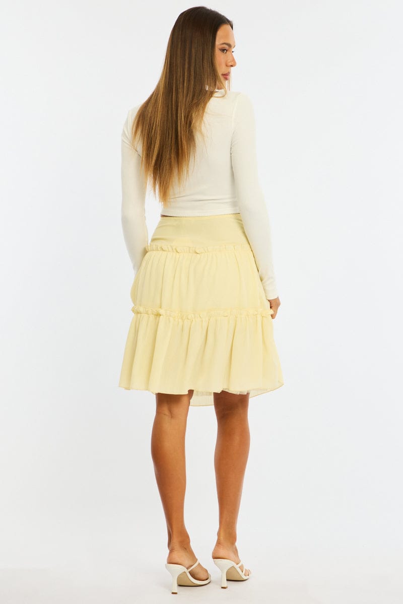 Yellow Tiered Midi Skirt Mid Rise Textured for Ally Fashion