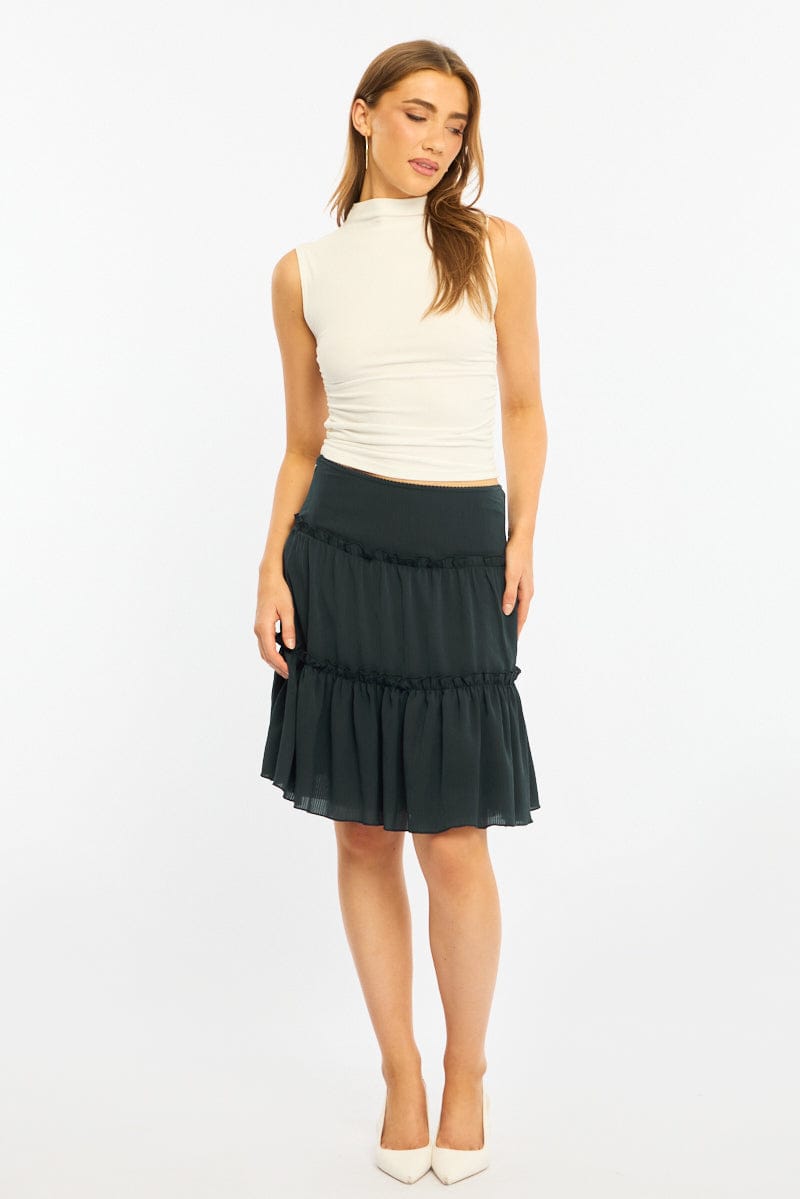 Blue Tiered Midi Skirt Mid Rise Textured for Ally Fashion
