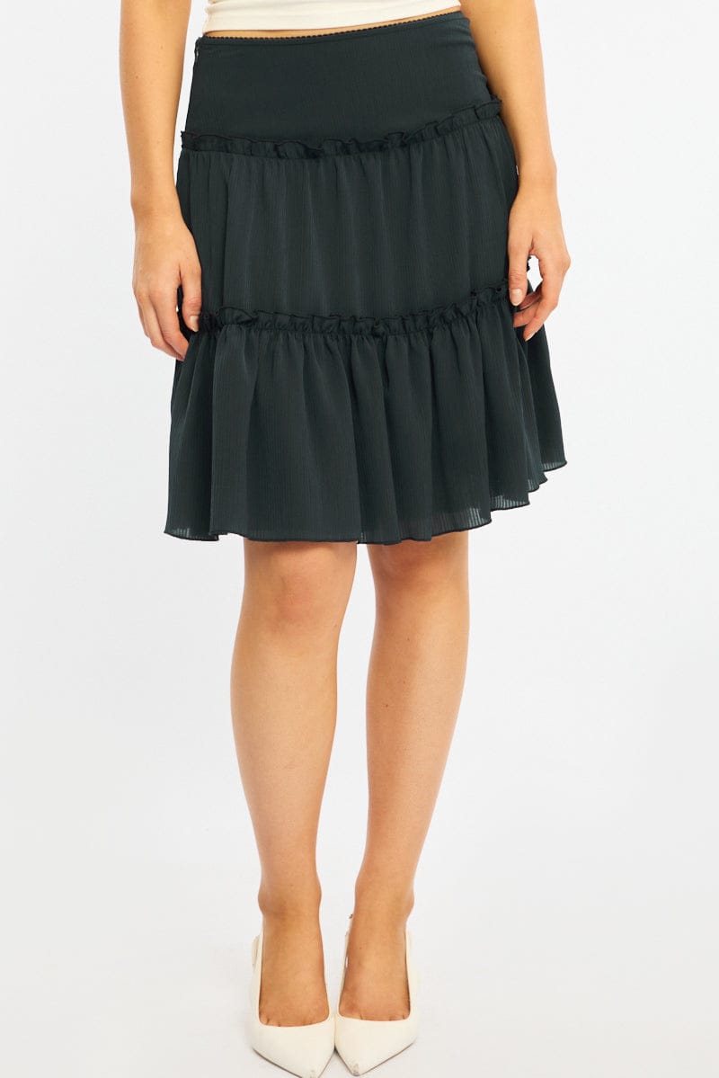 Blue Tiered Midi Skirt Mid Rise Textured for Ally Fashion
