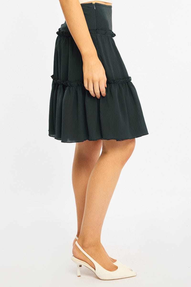Blue Tiered Midi Skirt Mid Rise Textured for Ally Fashion