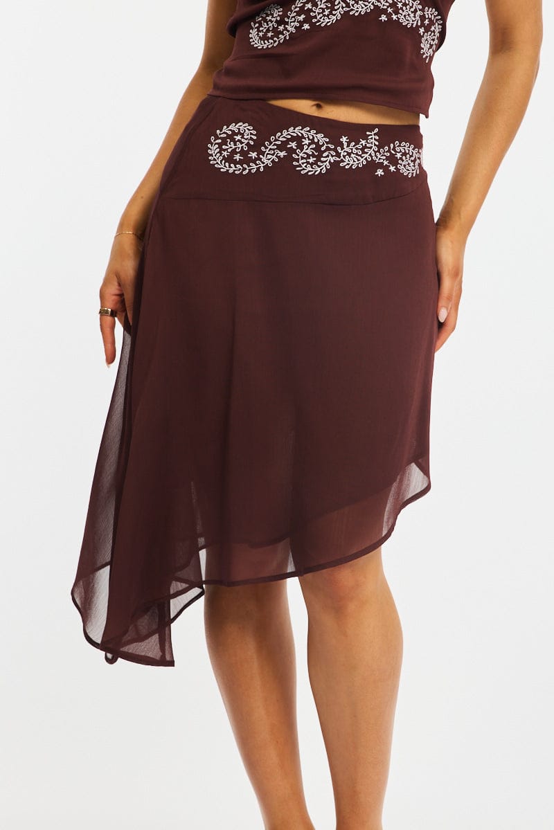Brown Asymmetric Midi Skirt Mid Rise Embroidered for Ally Fashion