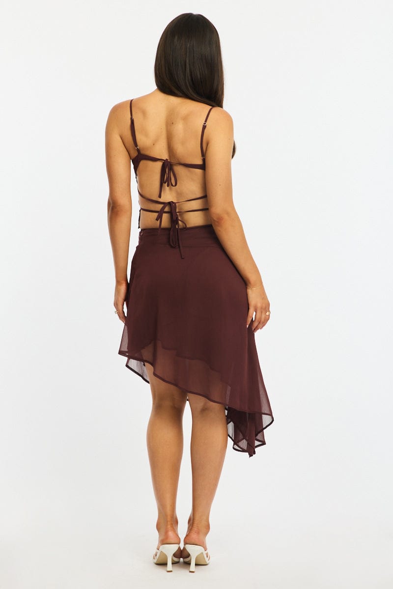 Brown Asymmetric Midi Skirt Mid Rise Embroidered for Ally Fashion