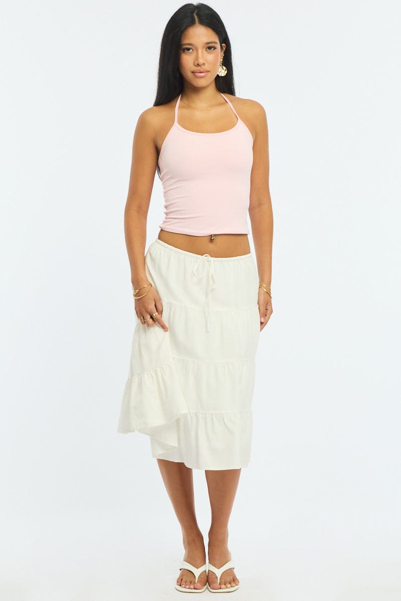 White Midi Tiered Skirt Mid Rise Lined for Ally Fashion