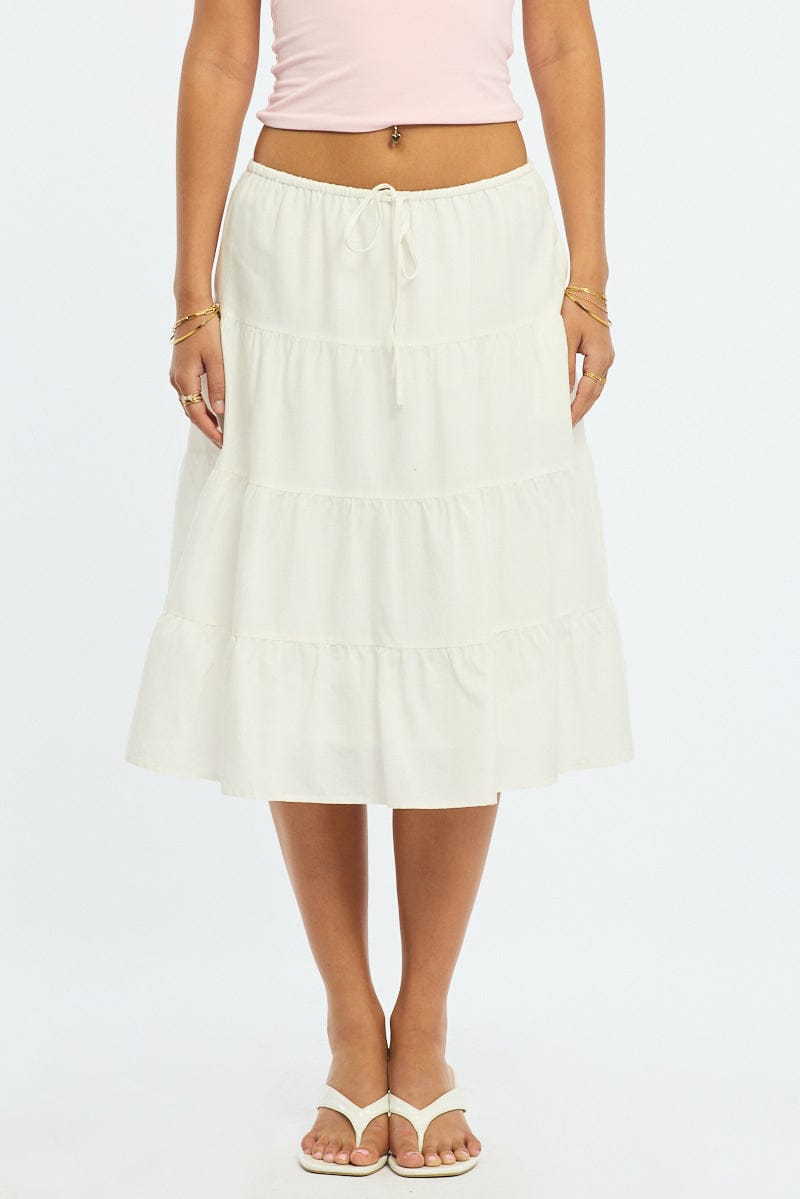White Midi Tiered Skirt Mid Rise Lined for Ally Fashion