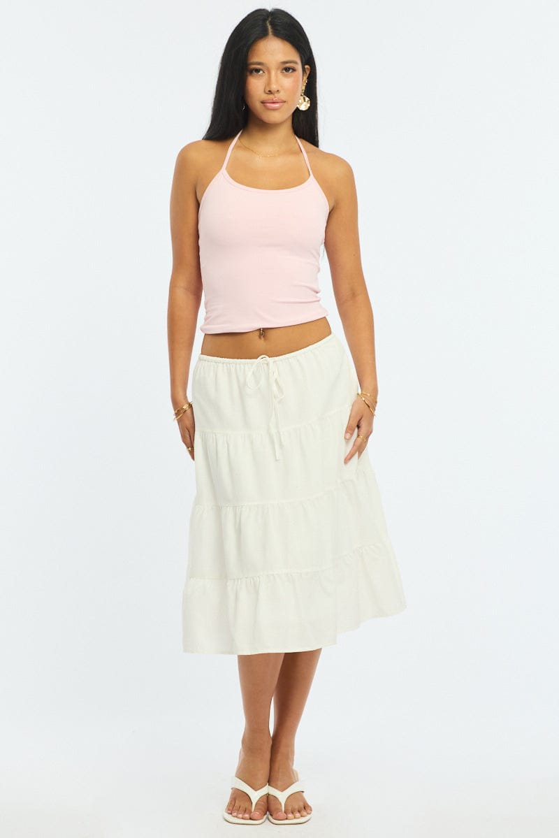 White Midi Tiered Skirt Mid Rise Lined for Ally Fashion