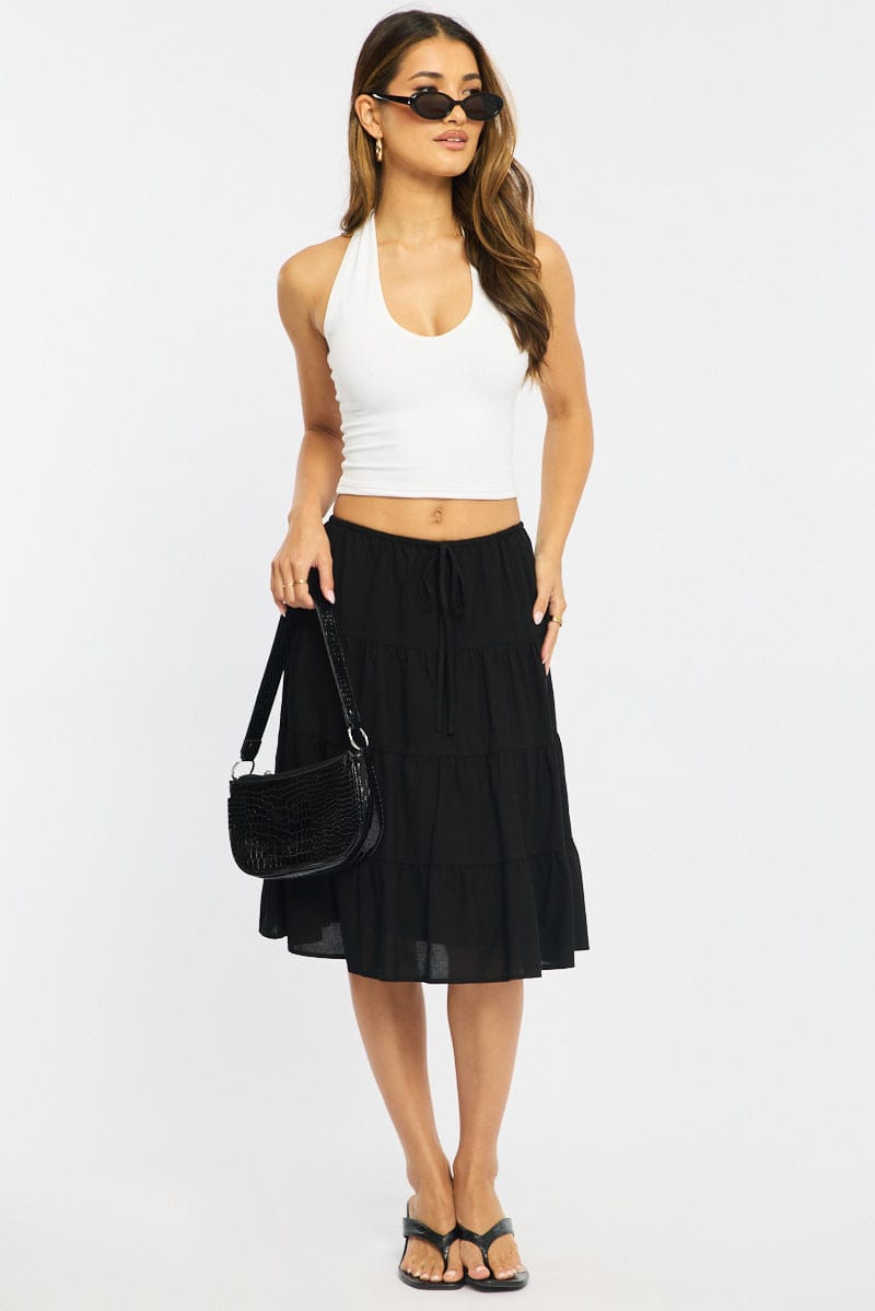 Black Midi Tiered Skirt Mid Rise Lined for Ally Fashion