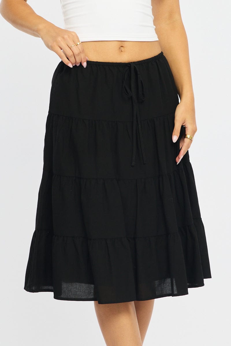 Black Midi Tiered Skirt Mid Rise Lined for Ally Fashion