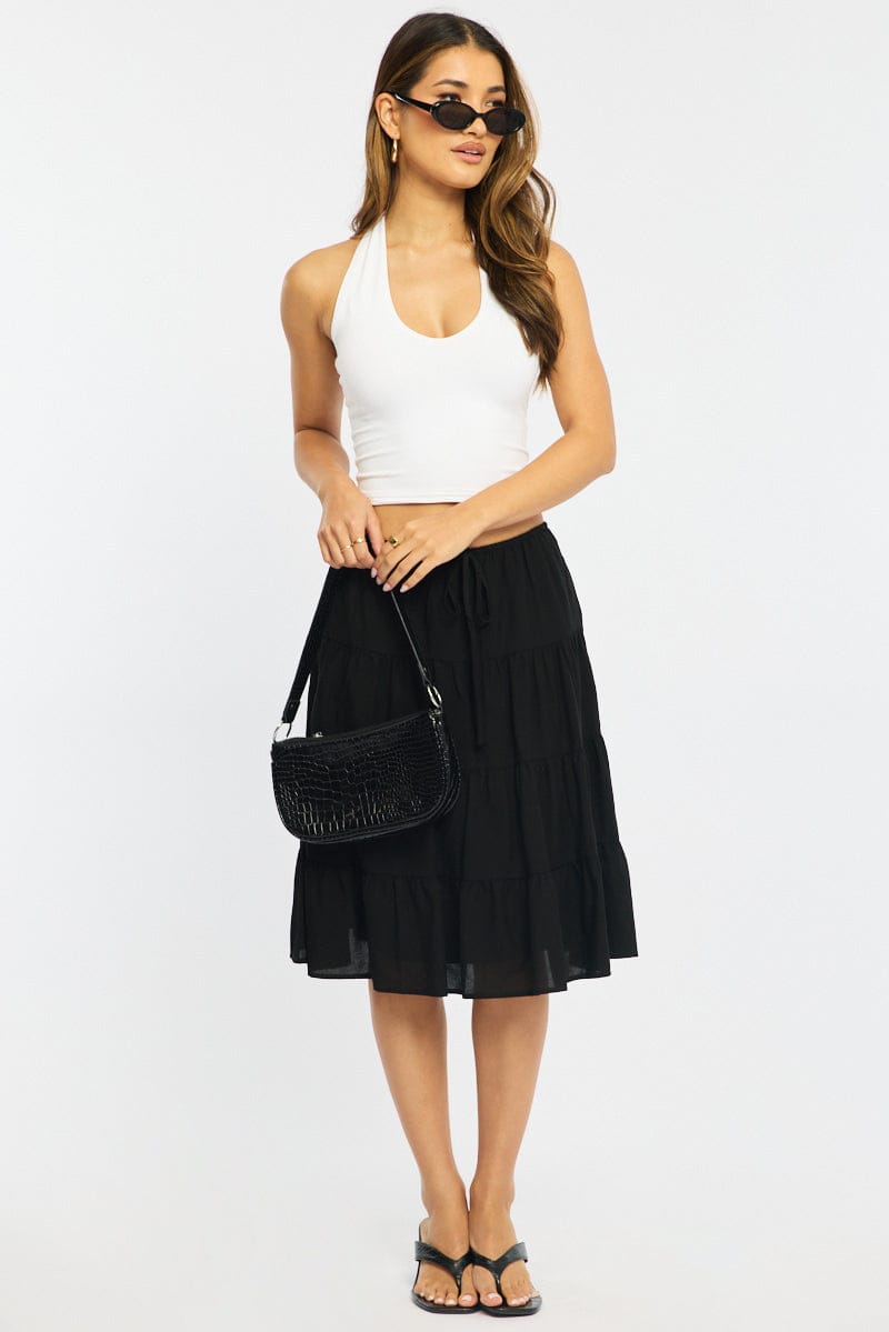Black Midi Tiered Skirt Mid Rise Lined for Ally Fashion