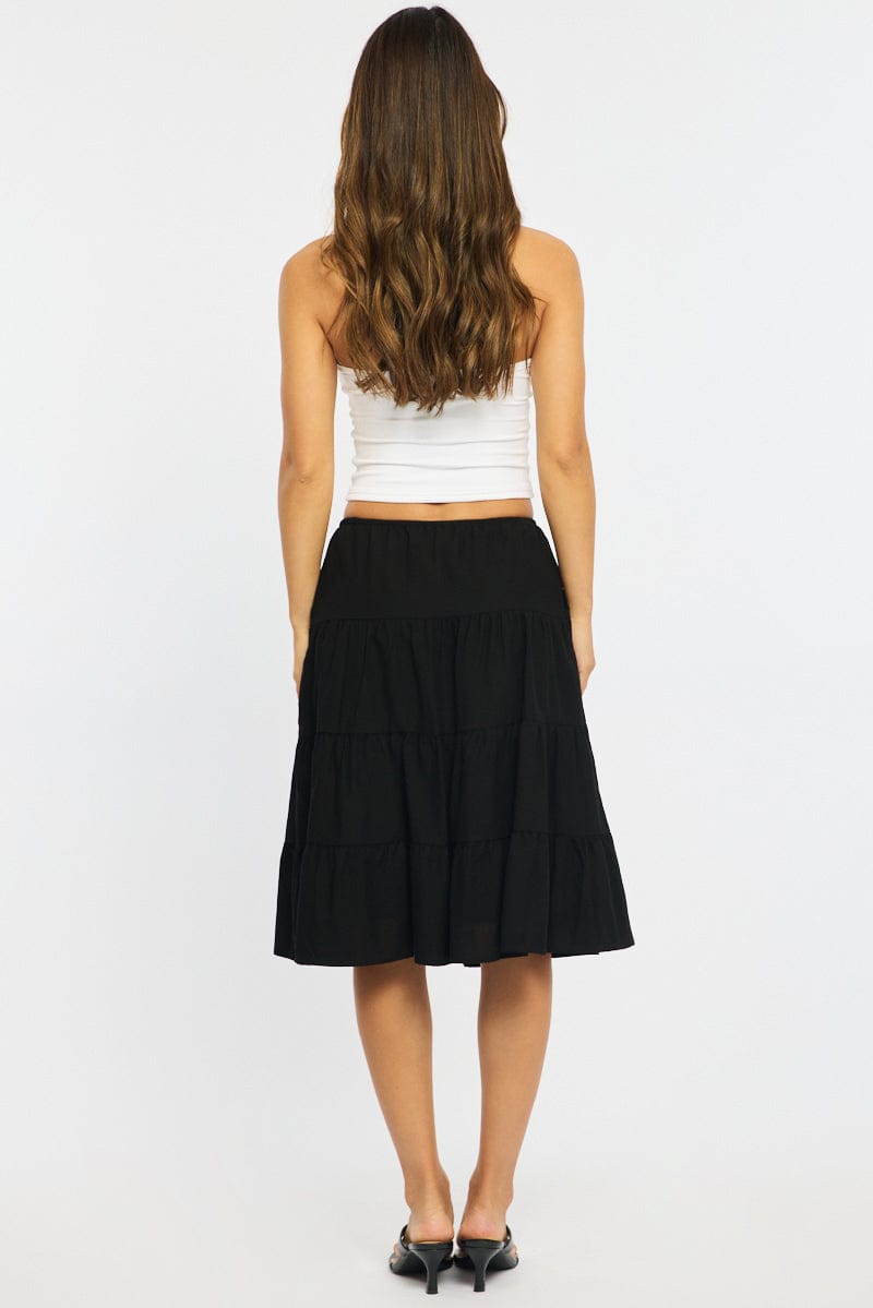 Black Midi Tiered Skirt Mid Rise Lined for Ally Fashion