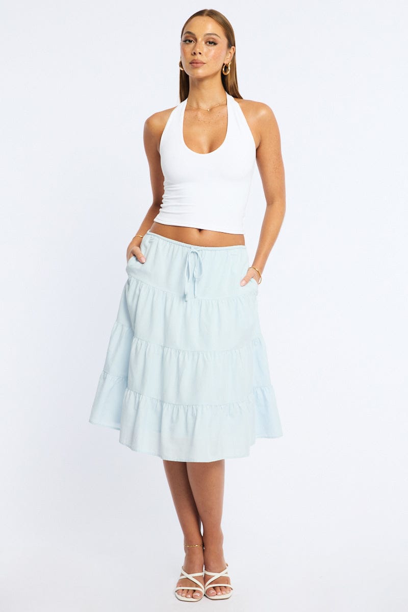 Blue Midi Tiered Skirt Mid Rise Lined for Ally Fashion