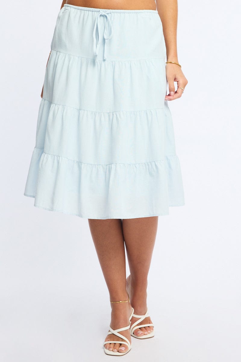 Blue Midi Tiered Skirt Mid Rise Lined for Ally Fashion