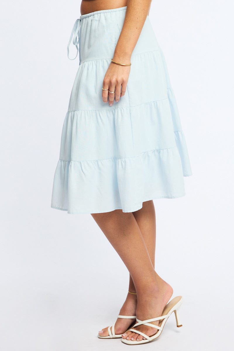 Blue Midi Tiered Skirt Mid Rise Lined for Ally Fashion