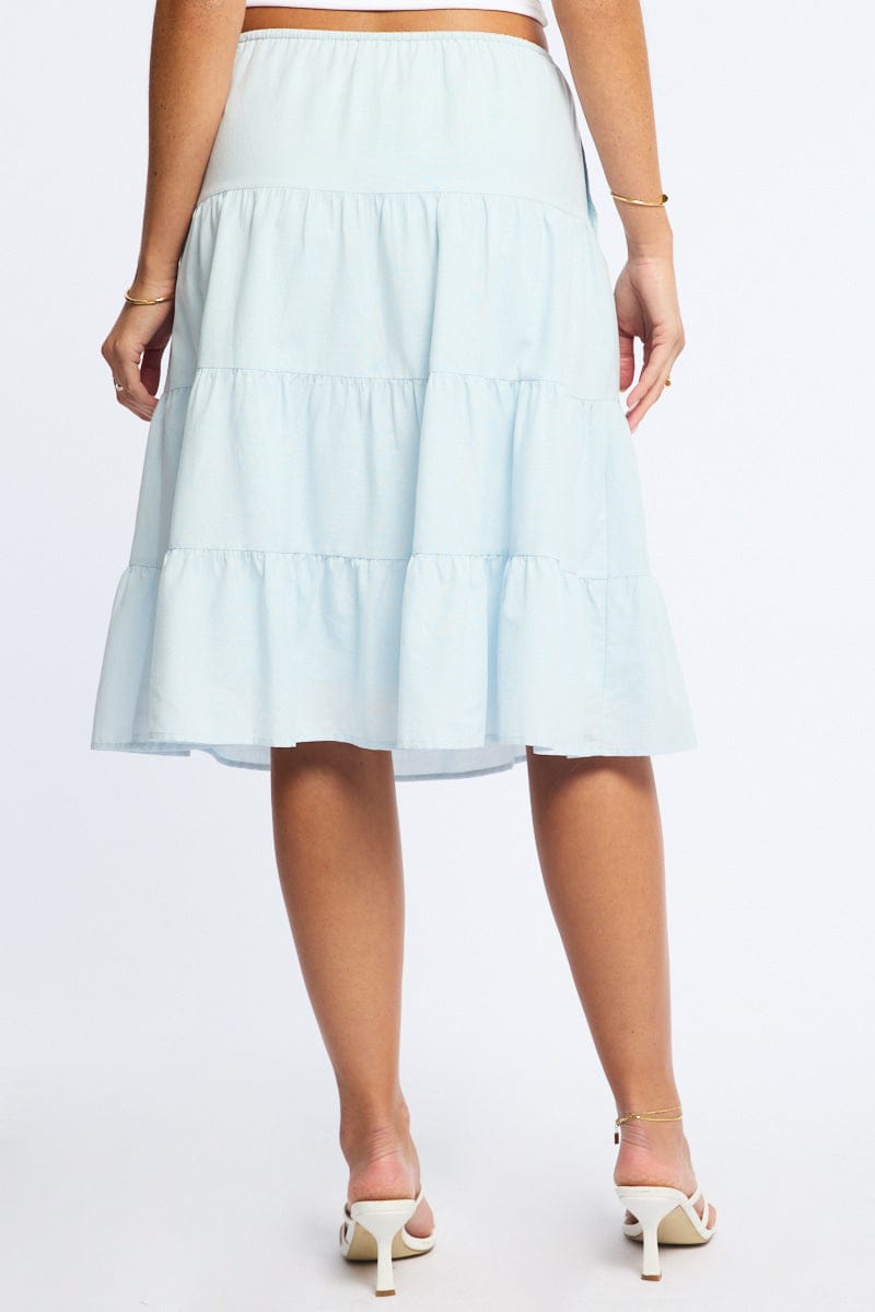 Blue Midi Tiered Skirt Mid Rise Lined for Ally Fashion