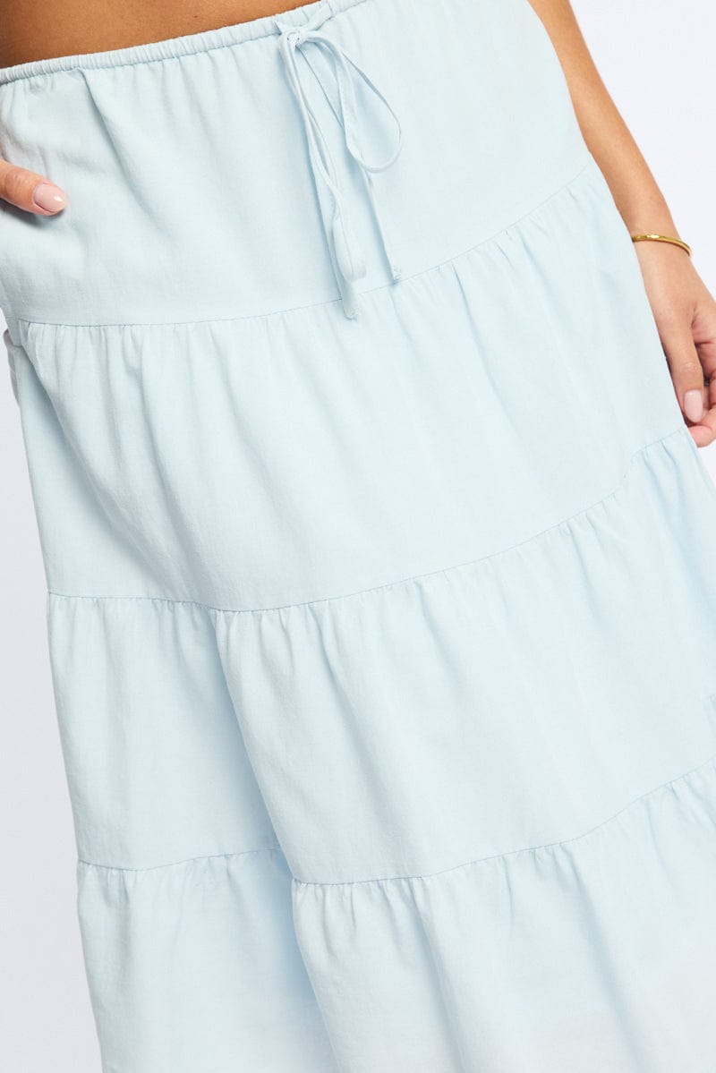 Blue Midi Tiered Skirt Mid Rise Lined for Ally Fashion