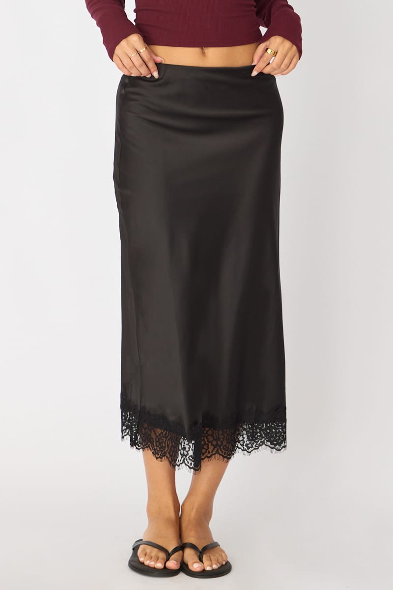 Black Midi Lace Hem Skirt for Ally Fashion
