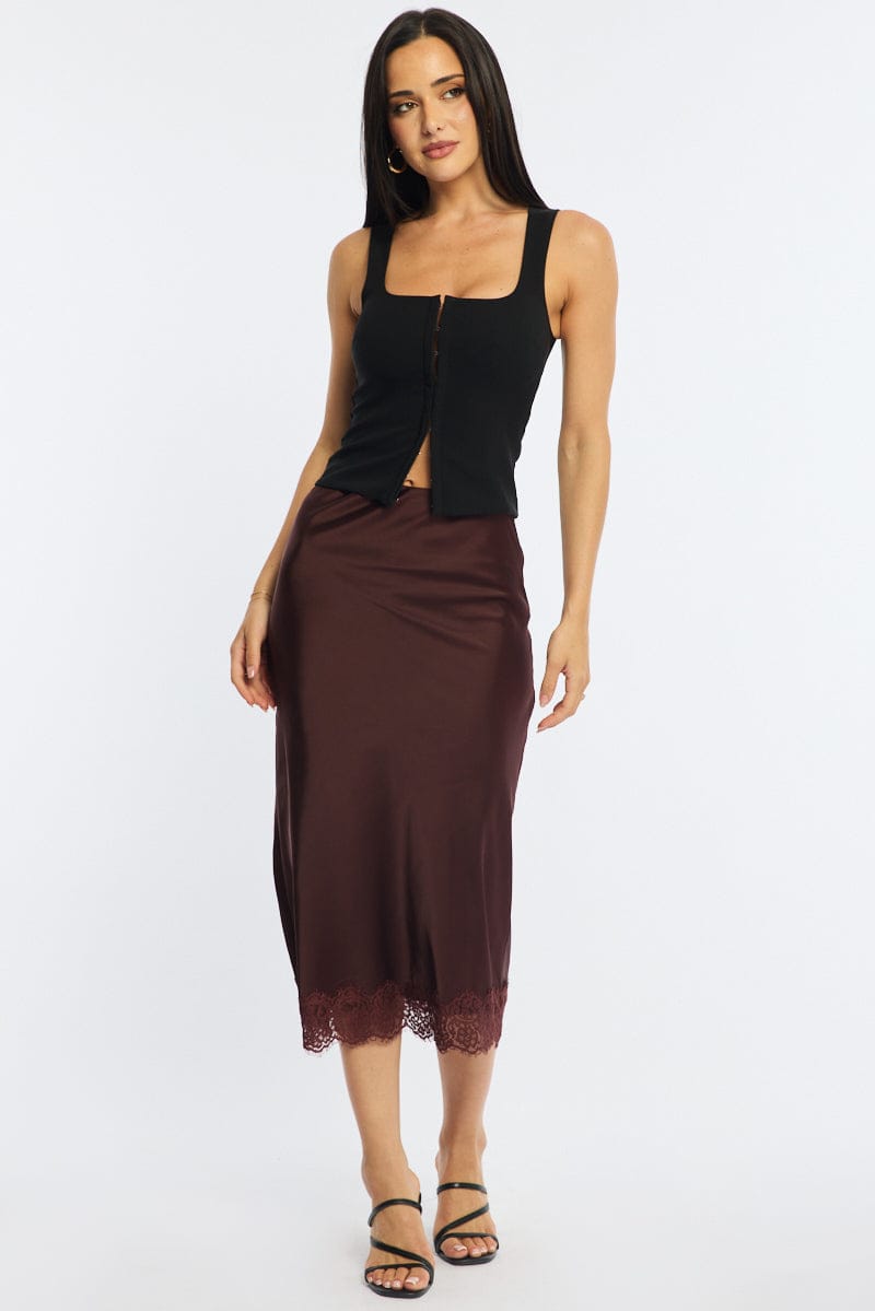 Brown Midi Lace Hem Skirt for Ally Fashion
