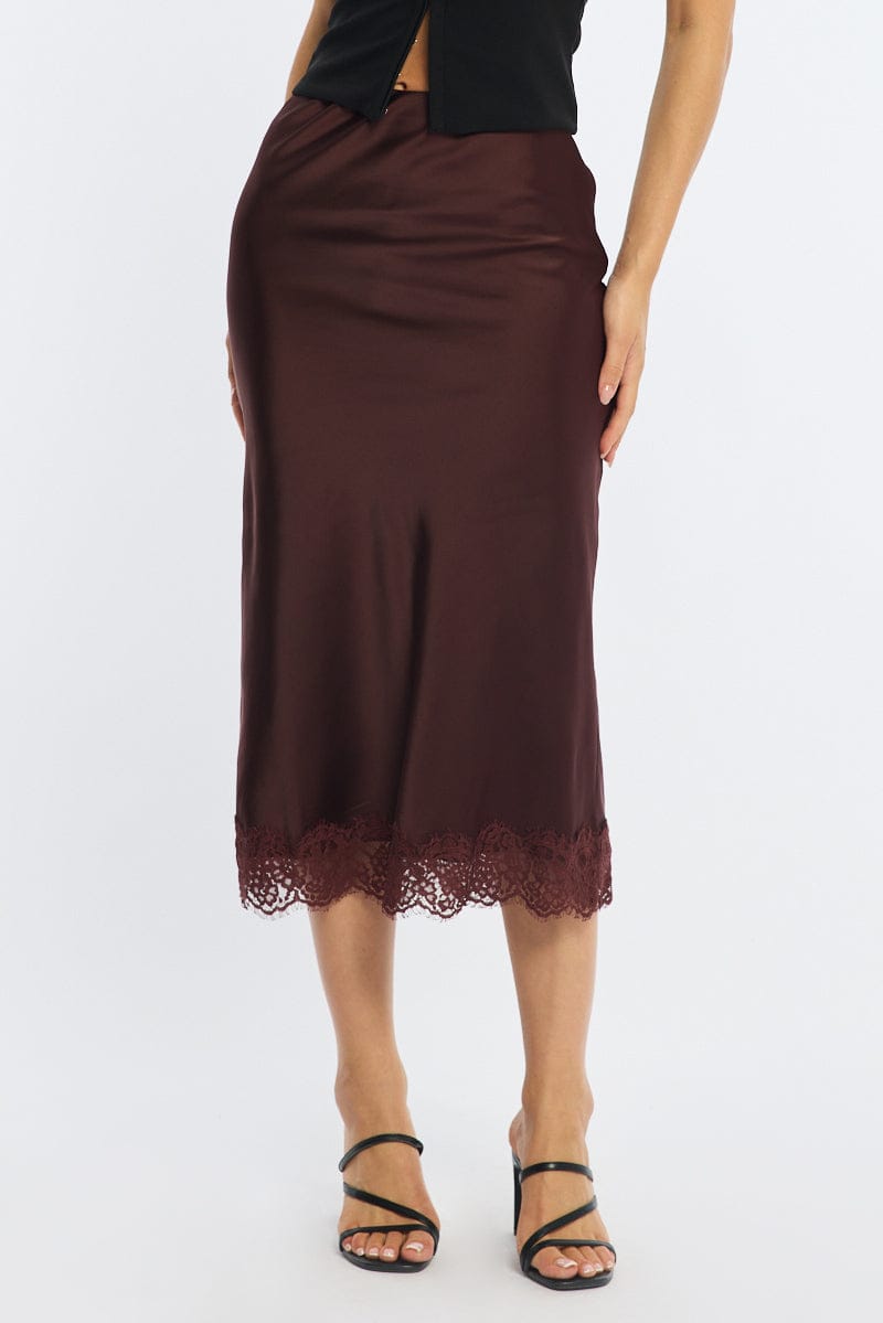 Brown Midi Lace Hem Skirt for Ally Fashion