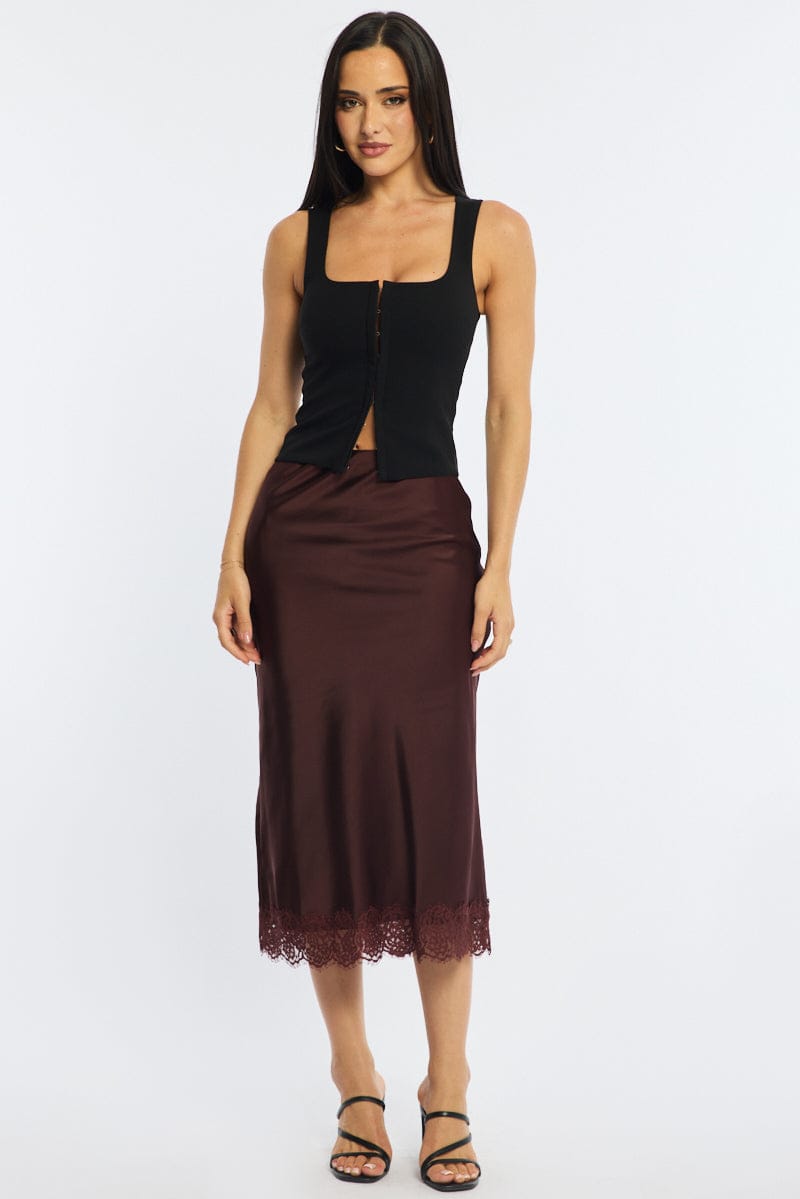 Brown Midi Lace Hem Skirt for Ally Fashion