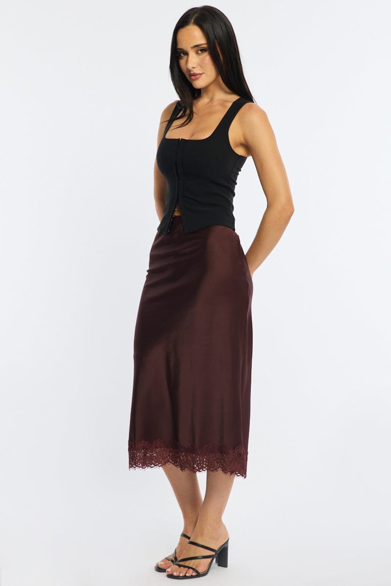 Brown Midi Lace Hem Skirt for Ally Fashion