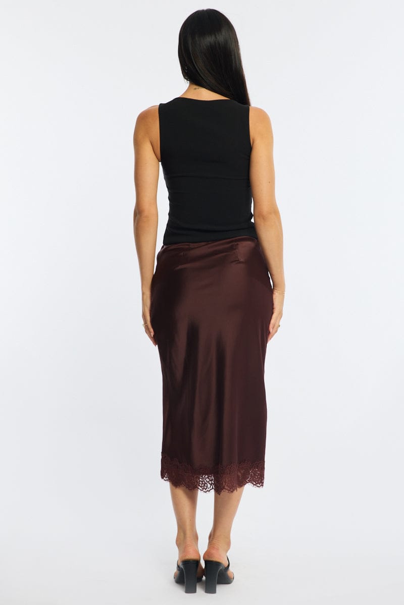 Brown Midi Lace Hem Skirt for Ally Fashion