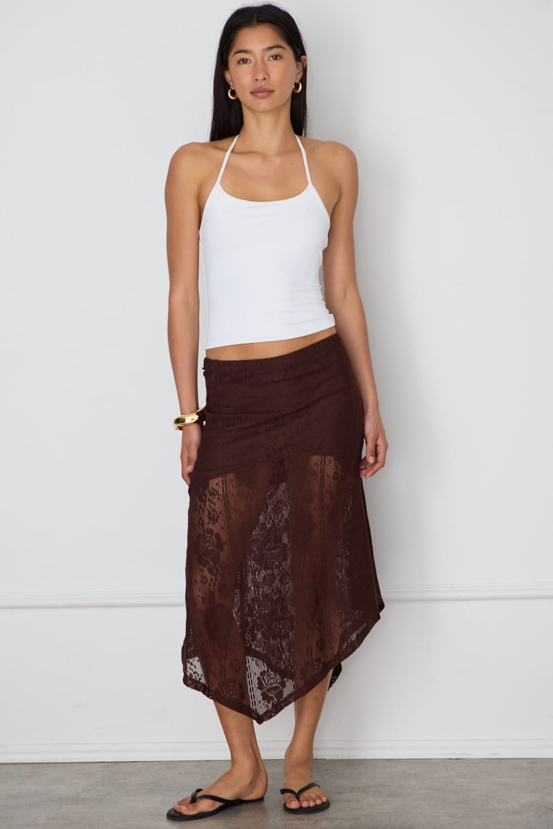 Brown Scarf Hem Midi Skirt Elastic Waist Lace for Ally Fashion