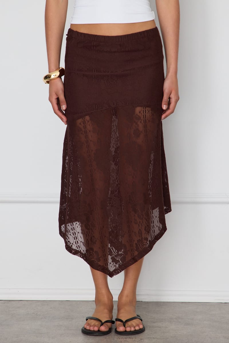 Brown Scarf Hem Midi Skirt Elastic Waist Lace for Ally Fashion