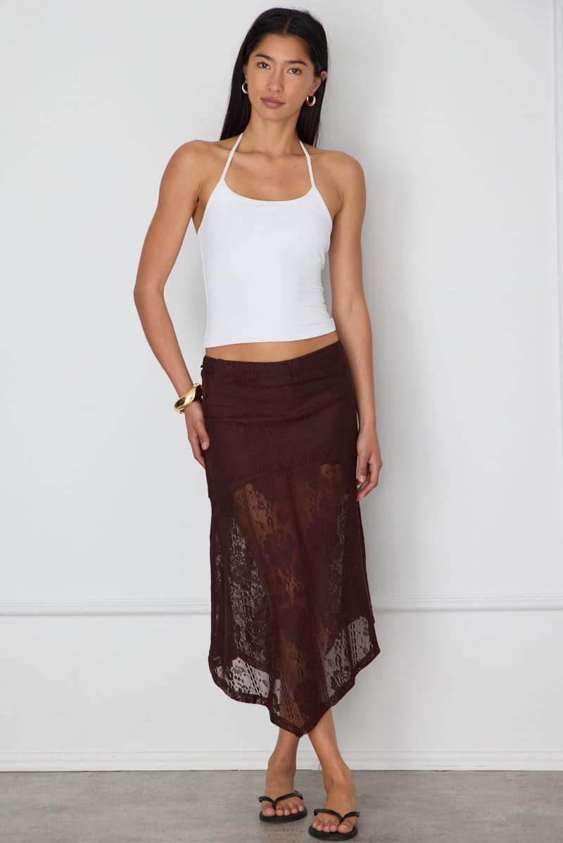 Brown Scarf Hem Midi Skirt Elastic Waist Lace for Ally Fashion