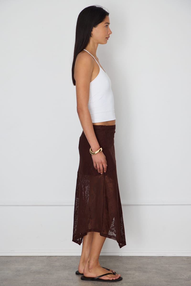 Brown Scarf Hem Midi Skirt Elastic Waist Lace for Ally Fashion