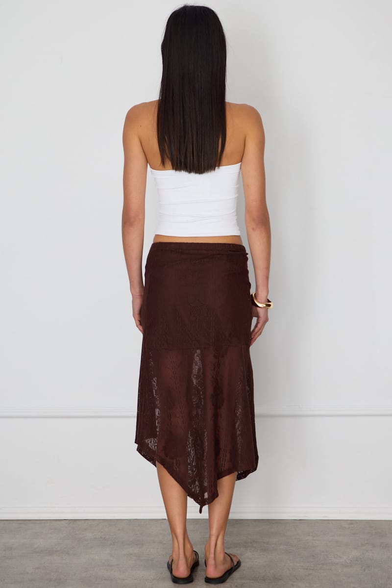 Brown Scarf Hem Midi Skirt Elastic Waist Lace for Ally Fashion